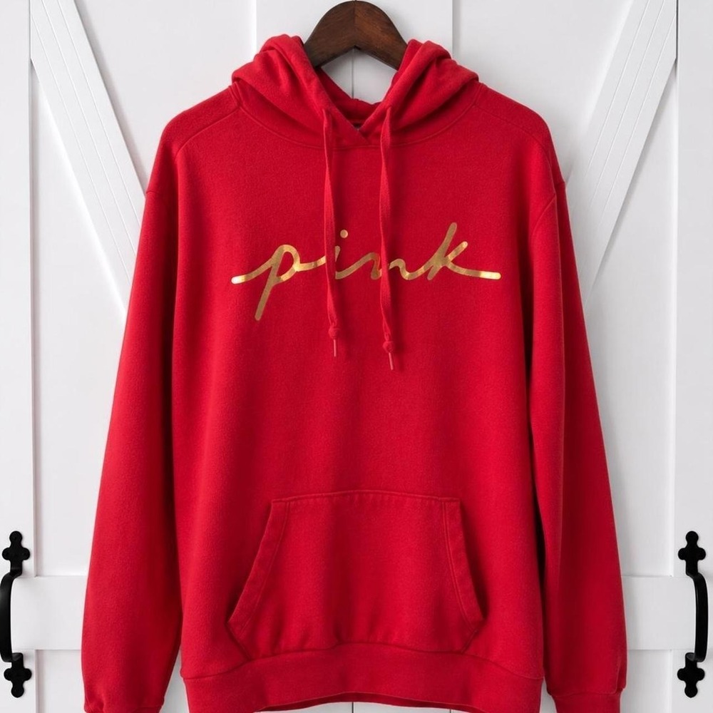 PINK Victoria's Secret Hoodie Women Small Red Metallic Gold Logo Pullover